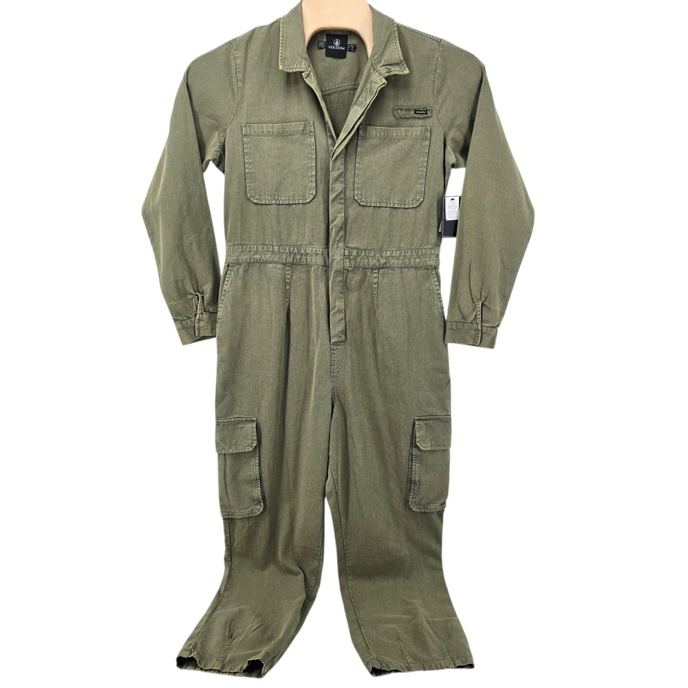 Volcom Utility Jumpsuit Women XL Flight Suit Safari Green Cinch Waist Romper NWT